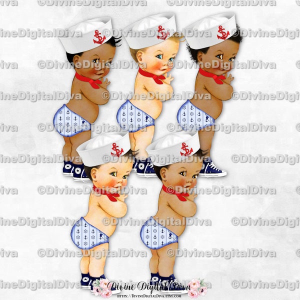 Nautical Little Prince Sailor Navy Blue Red Anchor Hat Scarf | Baby Boy 3 Skin Tones | Clipart  Instant Download