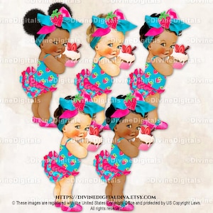 - Chaussures rose fuchsia et bleu sarcelle à gros nœuds en strass et thème fraise tenant un petit gâteau | 3 tons de peau de bébé fille | Clipart à téléchargement immédiat