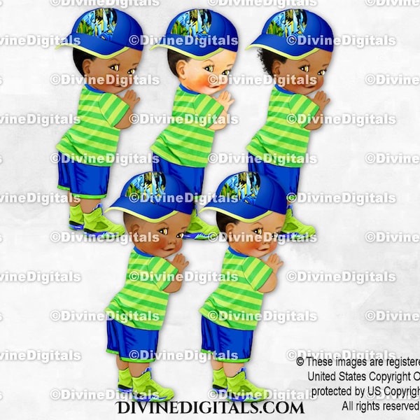 Little Prince Royal Blue & Fresh Green Cap Hat Sneakers | Baby Boy 3 Skin Tones | Clipart Instant Download