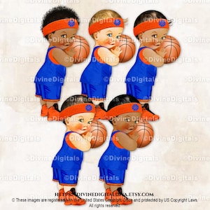 Basketbalspeler koningsblauwe en oranje shorts jersey sneakers zweetband | Babyjongen 3 huidskleuren | Clipart direct downloaden
