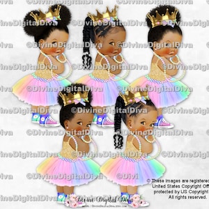 Princesa Unicórnio Cores Pastel Arco-Íris Tutu Tênis Coroa Dourada | Bebê Menina Bebês de Cor Étnica Puffs Tranças | Clipart Instantâneo para Download