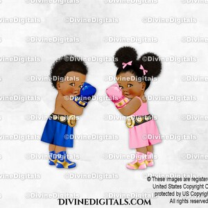 Boxer azul real rosa dorado Champ / Bebé niño niña tono oscuro Puffs / Revelación de género de gemelos / Clipart Descarga instantánea