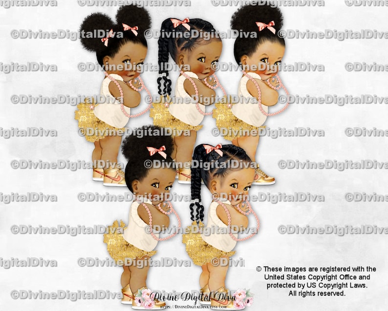 Princess Ruffle Pants Ivory Peach & Gold Sneakers Pearls Baby Girl Babies of Color African American Ethnic Clipart Instant Download image 1