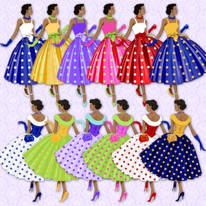 12 vestidos de lunares de moda de los años 50 para damas de color, tacones altos, carteras para damas de color, étnicos, imágenes prediseñadas, descarga instantánea