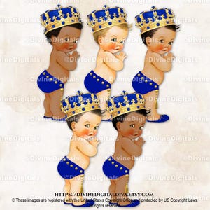 Koningsblauwe kleine prins bezaaide riem met kwastje sierlijke gouden kroon | Babyjongen 3 huidskleuren | Clipart direct downloaden