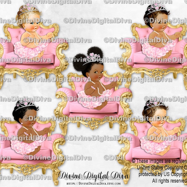 Princess Ballerina Pink Tutu Gold Chair Tutu Tiara Pearls | Sitting Baby Girl 3 Skin Tones  | Clipart Instant Download