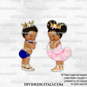 Prince Princess Blue Pink Tutu Gold Crown Sneakers | Baby Boy Girl Dark Tone African American | Gender Reveal | Clipart Instant Download