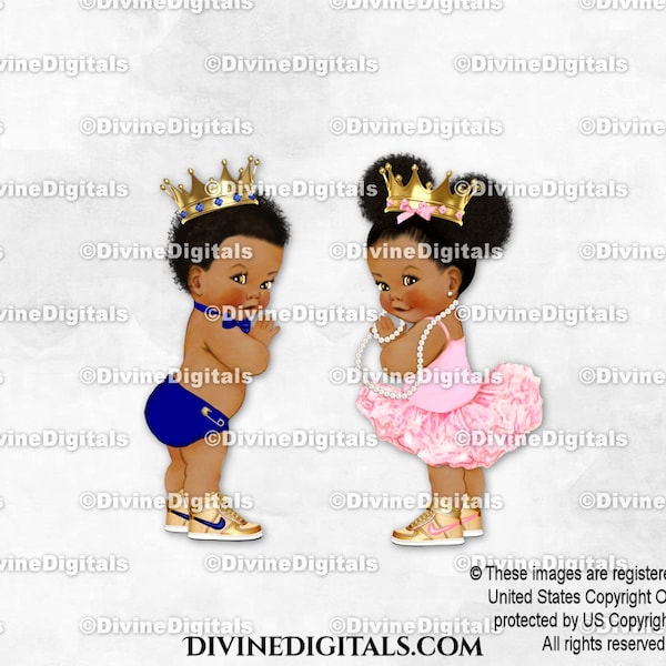 Baskets Prince Princess bleu rose tutu avec couronne dorée | Afro-américain de couleur foncée bébé garçon fille | Révéler le genre | Clipart à téléchargement immédiat