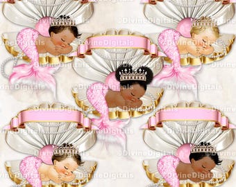Zeemeermin prinses slapen in schelpdieren roze en gouden tiara babymeisje Clipart