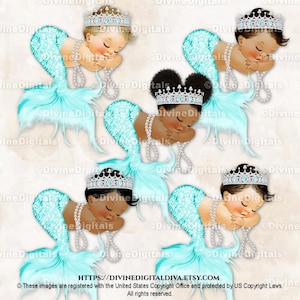 Schlafende Meerjungfrau Seafoam Aqua & Silber Diamant Krone Schwanz Perlen | Baby Mädchen 3 Hauttöne | Clipart-Download
