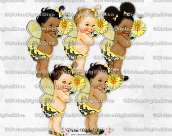 Queen Bee Princess Ruffle Pants Black & Yellow Stripes Wings Flowers | Baby Girl 3 Skin Tones | Clipart Instant Download