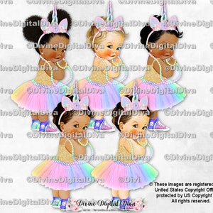 Princesa Unicórnio Arco-Íris Pastel Tutu Camisa Dourada Tênis Brancos Tiara de Chifre de Unicórnio | Bebê Menina 3 Tons de Pele | Clipart para Download Instantâneo