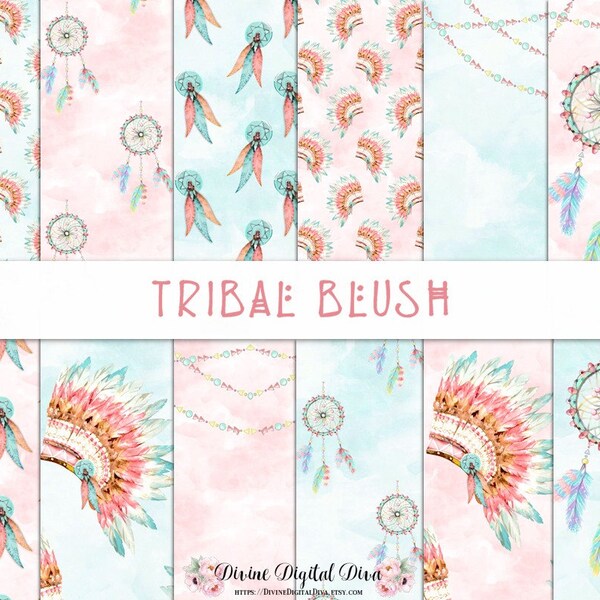 Tribal Blush Pink Aqua Dream Catcher Native Headdress Feathers Boho | Digital Scrap Paper Pack | Instant Download