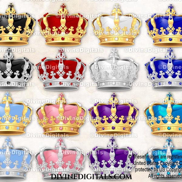 Ornate Jewelled Crowns Gold & Silver | Royal Blue Red Purple Pink Teal Light Blue Black White |Clipart Instant Download