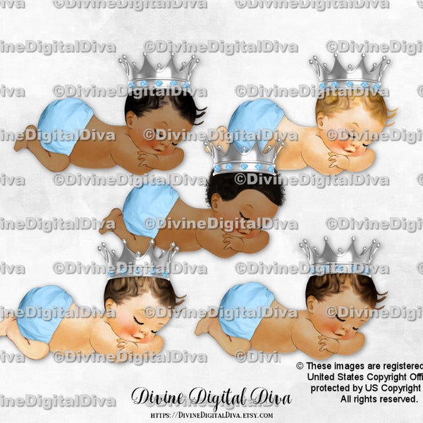 Sleeping Prince Light Blue Diaper Pants Silver Crown | Baby Boy 3 Skin Tones | Clipart Instant Download