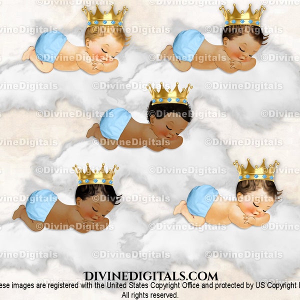 Sleeping Baby Boy on a Cloud Light Blue Pants Gold Crown | Newborn Announcement Shower Gender Reveal | Clipart PNG Instant Download