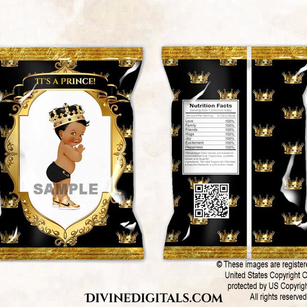 Printable Chip Bags Little Prince Black & Gold Sneakers | Baby Boy Dark Tone | African American Ethnic | Digital Instant Download