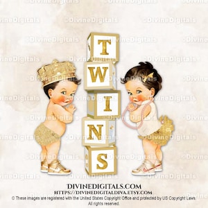 Kleiner Prinz Prinzessin Baby Blocks Zwillinge Gold Pfirsich Elfenbein Turnschuhe | Junge Mädchen Heller Ton | Geschlecht offenbaren | Clipart Sofort Download
