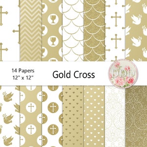 Paquete de papel digital de cruz dorada para bautizo, boda, comunión y confirmación. Dorado y blanco. Descarga instantánea.