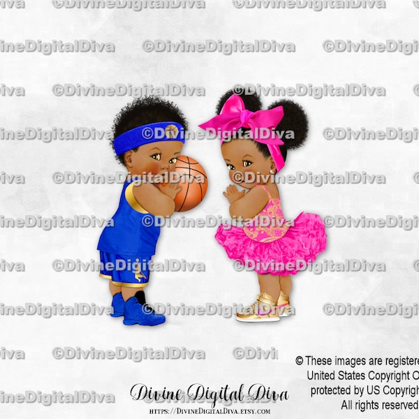 Basketball Royal Blue Ballerina Hot Pink Big Bow Gold Sneakers | Boy Girl Dark Tone Puffs | Gender Reveal Twins | Clipart Instant Download