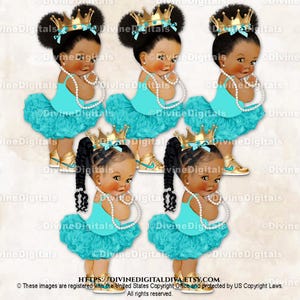 Princess Ballerina Light Teal & Gold Crown Pearls Sneakers | Baby Girl 3 Skin Tones Puffs | Clipart Instant Download