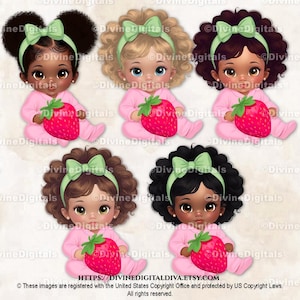 Erdbeer Thema Baby Mädchen Clipart, rosa, rot & grün, Kopf Schleife, Erdbeer-Baby-Dusche, Erdbeere Geburtstag, PNG Instant Download