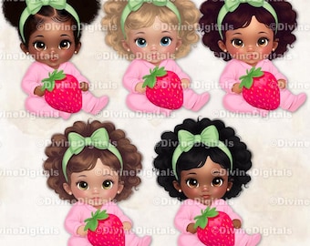 Aardbeienthema babymeisje roze rood en groen grote strik Clipart