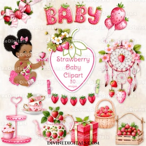 Images Clipart Thème Fraise Pour Bébé Fille, Bouffées De Tons Foncés, Fête Aux Fraises, Fête Prénatale Aux Fraises, Anniversaire Fraise, Téléchargement