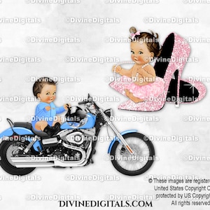 Ruedas Tacones Azul Rosa Sentado Motocicleta Tacón Alto / Bebé Niño Niña Tono Claro / Revelación de Género Gemelos / Clipart Descarga Instantánea