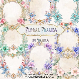 25 Watercolor Floral Frames Flowers Gems Pearls Gold Pink Scrapbook Journal Invitations Signs | Printable Clipart Digital Instant Download