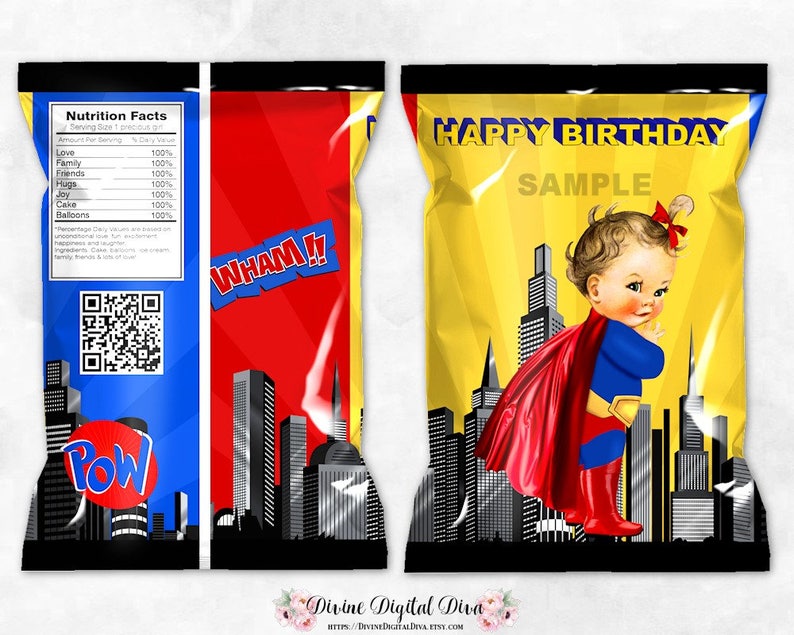 Super Girl Printable Chip Bags Digital Instant Download Superhero Red Blue Yellow Cape Baby Girl Light Skin Tone