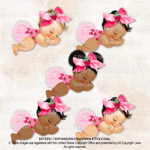 Grand noeud rose à thème fraise | Petite fille endormie 3 tons chair | Clipart à téléchargement immédiat