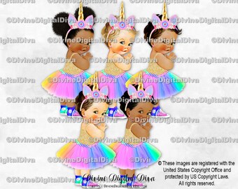 Unicorn Princess Bright Pastel Rainbow Tutu Gold Shirt Sneakers Unicorn Horn Headband | Baby Girl 3 Skin Tones | Clipart Instant Download