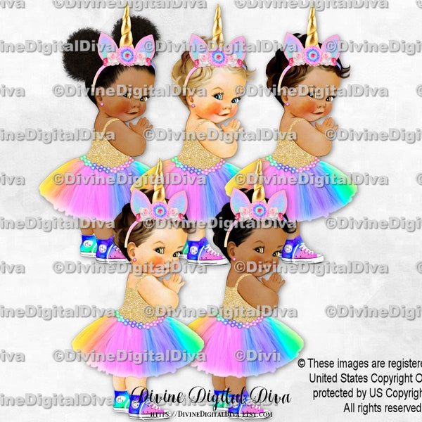 Unicorn Princess Bright Pastel Rainbow Tutu Gold Shirt Sneakers Unicorn Horn Headband | Baby Girl 3 Skin Tones | Clipart Instant Download
