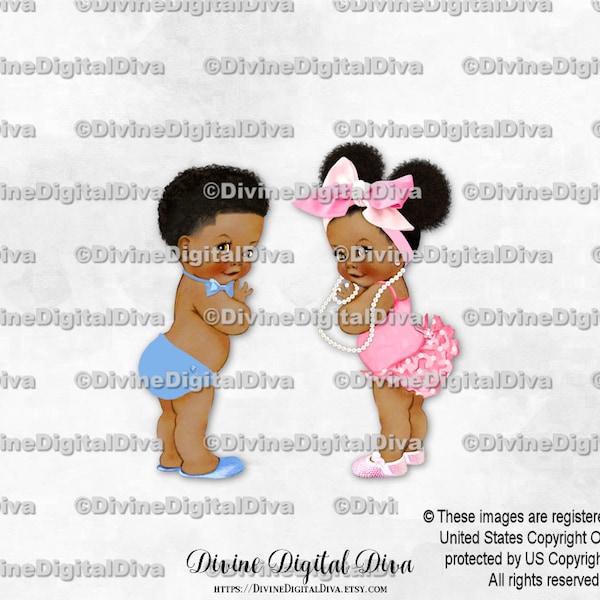 Little Man Light Blue Bow Tie Big Bow Pink Pearls | Baby Boy Girl Dark Tone Puffs | Gender Reveal Twins | Clipart Instant Download