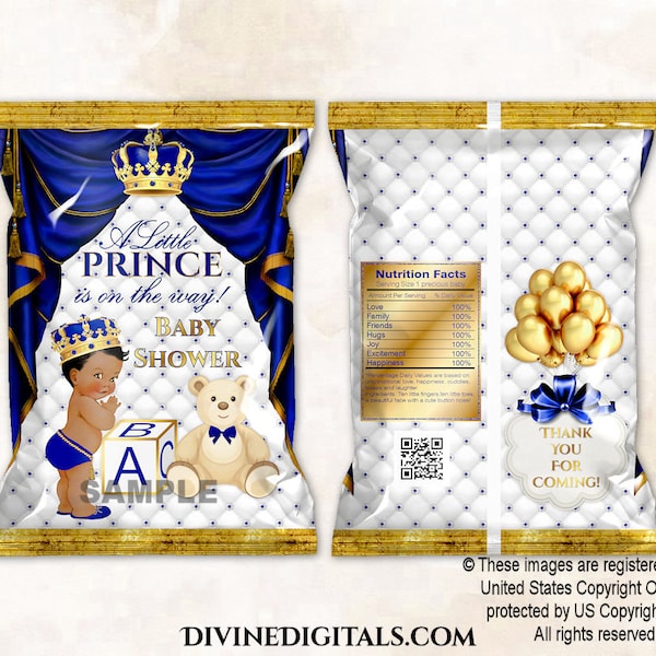 Printable Chip Bags Little Prince Royal Blue & Gold Bear Block Curtains | Baby Boy Dark Tone | Digital Instant Download