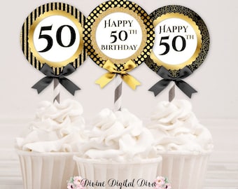 Printable Cupcake Topper Circles 50th Birthday Black & Gold | Digital Instant Download