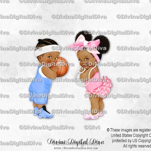 Lazo grande azul de baloncesto con perlas rosas / Trenzas afroamericanas de tono oscuro para niño y niña / Revelación de género de gemelos / Descarga instantánea