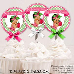Décoration pour cupcakes à thème fraise Vichy rose et vert | Ton moyen bébé fille | Téléchargement numérique instantané