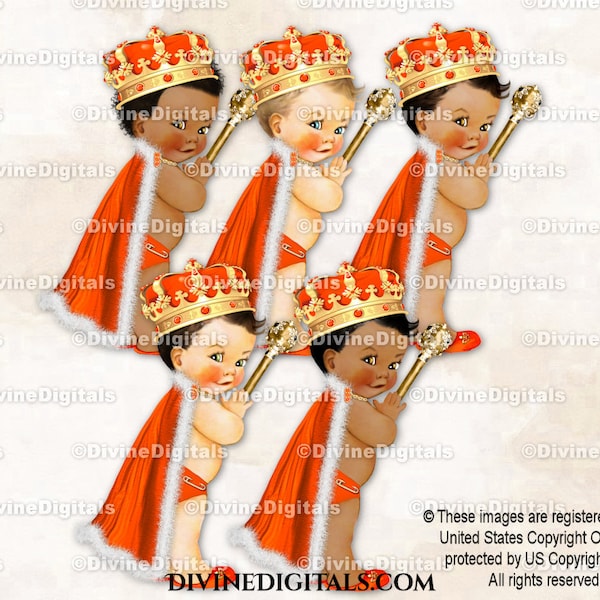 Little Royal Prince Orange & Gold Fur Trimmed Cape Crown Sceptre | Baby Boy 3 Skin Tones | Clipart Instant Download