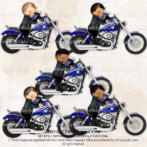 Little Prince Riding on a Motorcycle Biker Black Jacket Boots Helmet Blue | Baby Boy 3 Skin Tones | Clipart Instant Download