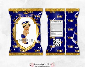 Printable Chip Bags | Little Prince Royal Blue & Gold | Medium Tone Baby Boy | Digital Instant Download