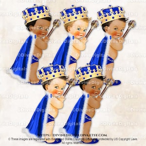 Little Royal Prince Koningsblauwe en gouden met bont afgewerkte Cape Crown Scepter | Babyjongen, 3 huidskleuren | Clipart direct downloaden