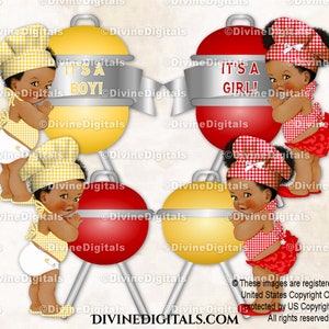 Delantal de barbacoa con gorro y cuadros vichy rojos y amarillos de Little Chefs, BabyQ, revelación de género, parrilla / Bebé niño niña, tono oscuro / Clipart, descarga instantánea