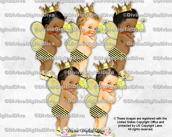 Bumble Bee Little Prince African American Set Clipart Instant Download Gold Crown Bee Outfit w Wings and wout