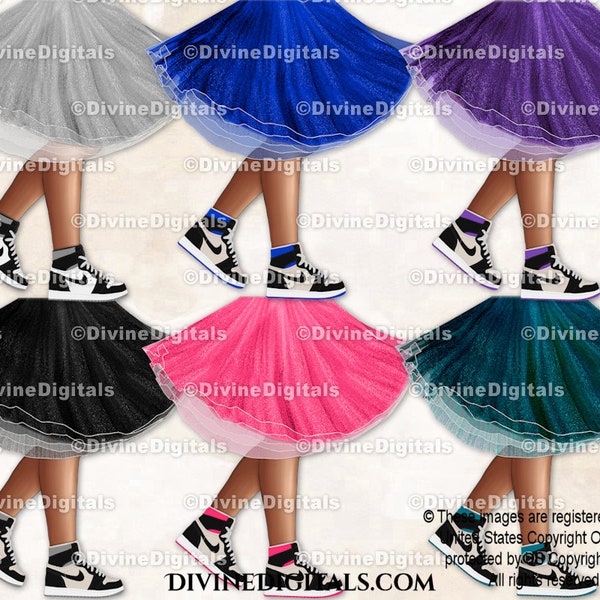 Sneaker Ball Legs Dress Tutu Fashion Party DARK Skin Tone Silver Laces & Trim | Transparent Clipart Digital Images PNG Instant Download