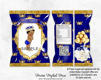 Printable Chip Bags Little Prince Royal Blue & Gold Sneakers | Baby Boy Dark Tone | African American Ethnic | Digital Instant Download