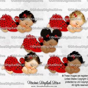 Coccinella addormentata con pantaloni a balze rossi e ali / Bambina 3 tonalità di pelle / Clipart download immediato