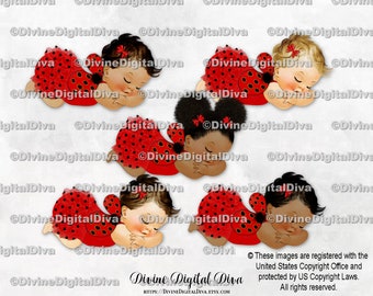 Sleeping Ladybug Baby Red Ruffle Pants Wings | Baby Girl 3 Skin Tones | Clipart Instant Download