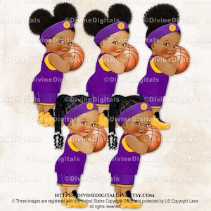 Basketball Player Purple & Yellow Gold Uniform Jersey Shorts Sweatband Sneakers | Baby Girl Babies of Color | Clipart Instant Download